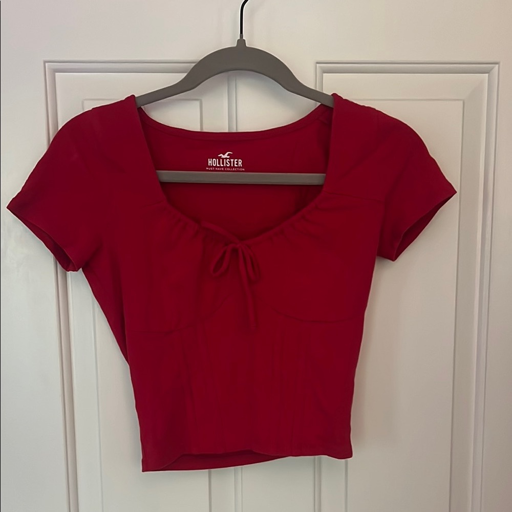 Hollister Red Fitted Crop Top with Tie Front